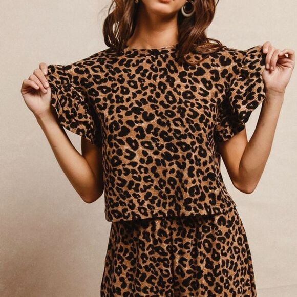 BiBi USA Leopard Print Waffle Texture Layered Ruffle Sleeve Top and Shorts Set - Picture 8 of 17